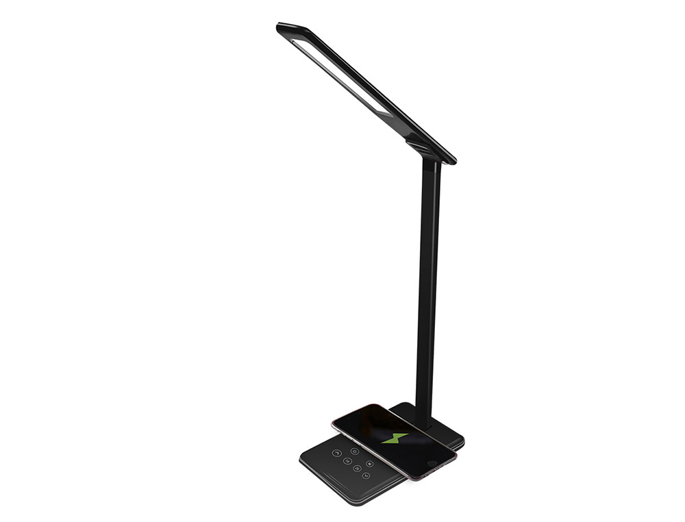 LAMPARA DE OFICINA Q-CONNECT SOBREMESA PROFESIONAL ABS 48 LEDS 5W SENSOR 5 NIVELES CARGADOR MOVIL COLOR NEGRO