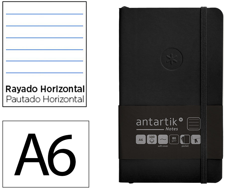 CUADERNO CON GOMILLA ANTARTIK NOTES TAPA BLANDA A6 RAYAS NEGRO 100 HOJAS 80 GR FSC