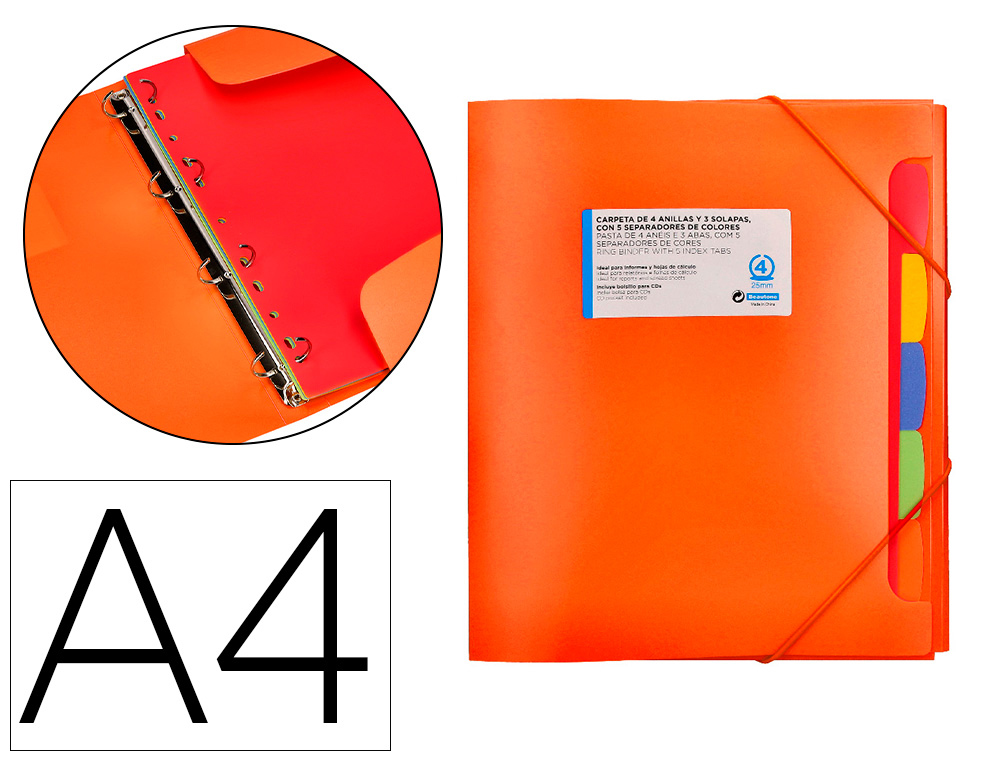 CARPETA BEAUTONE 4 ANILLAS 25 MM CON 5 SEPARADORES 3 SOLAPAS CIERRE GOMAS POLIPROPILENO DIN A4 COLOR NARANJA