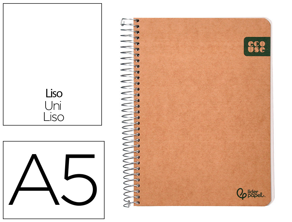 CUADERNO ESPIRAL LIDERPAPEL DIN A5 ECOUSE TAPA CARTULINA KRAFT CONTRACOLADA 120H PAPEL 100% RECICLADO 80 GR LISO